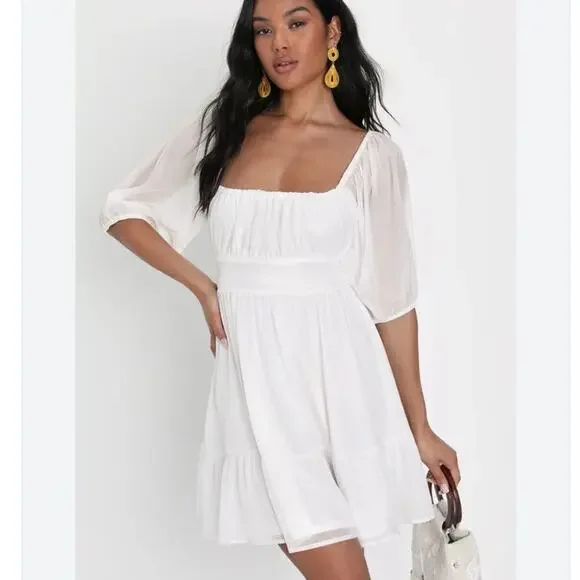 Lulus Ethereal Arrival White Puff Sleeve Tie-Back Chiffon Dress size XL NWT - Picture 1 of 14